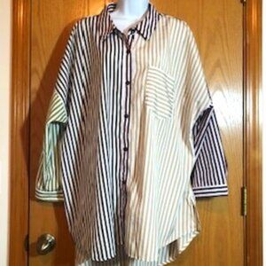 Cato Striped Blouse Top Gold Brown Green High Low Button Relaxed 22 24X 3X XXXL